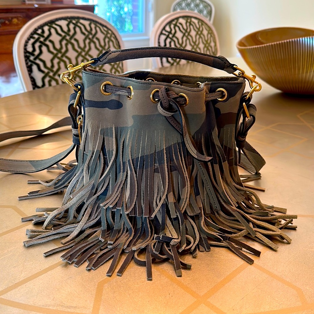 Saint Laurent Emmanuelle Camo Print fringe handbag